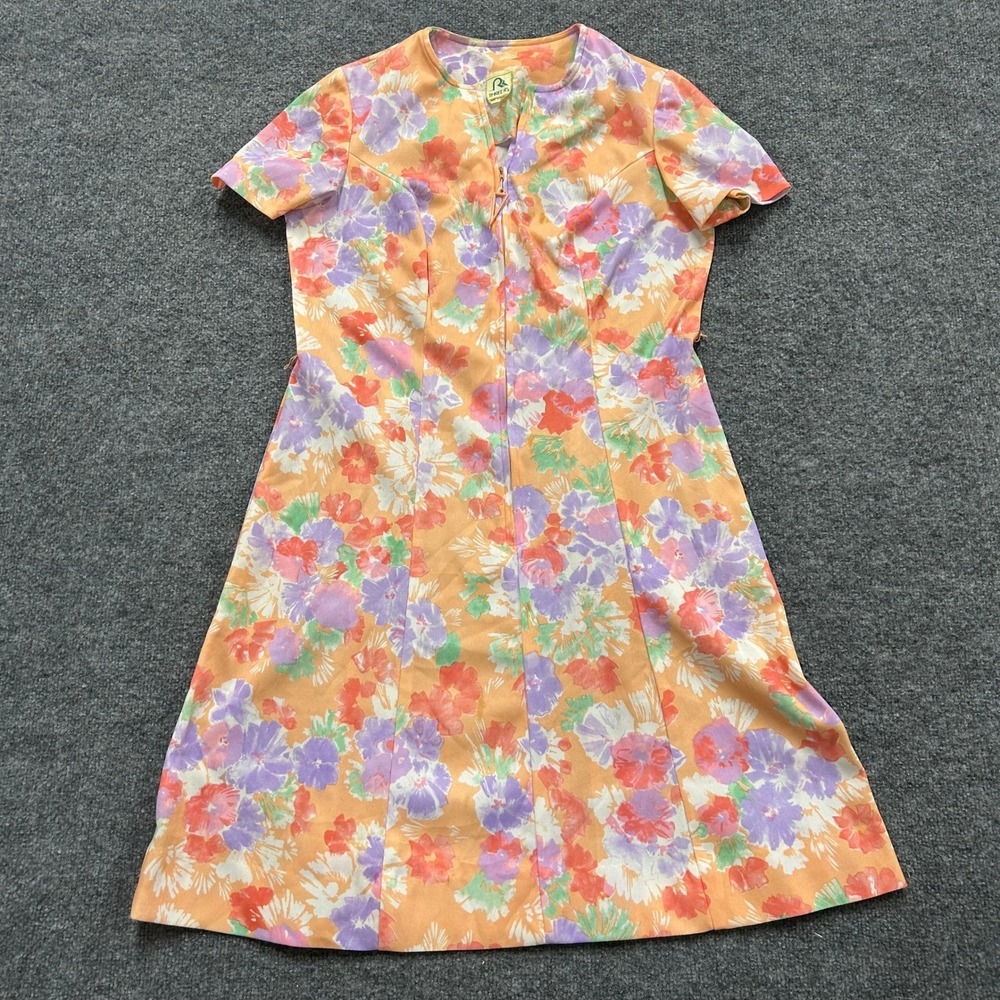 Three R's Dress Womens Size 16.5 Orange Floral Vintage A-Line Zip Front Midi